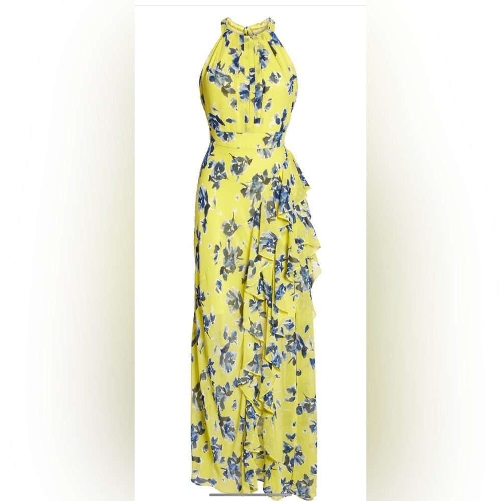 NWT Halter Ruffle Yellow and Blue Women's Shiffon Luxury Gown